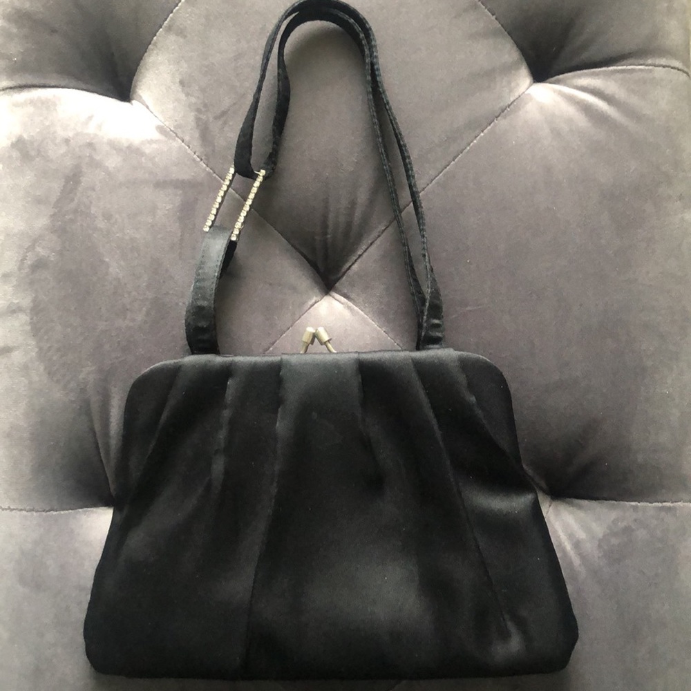 Black Satin Evening Clutch with Black Straps and  Rhinestone Bling Connector